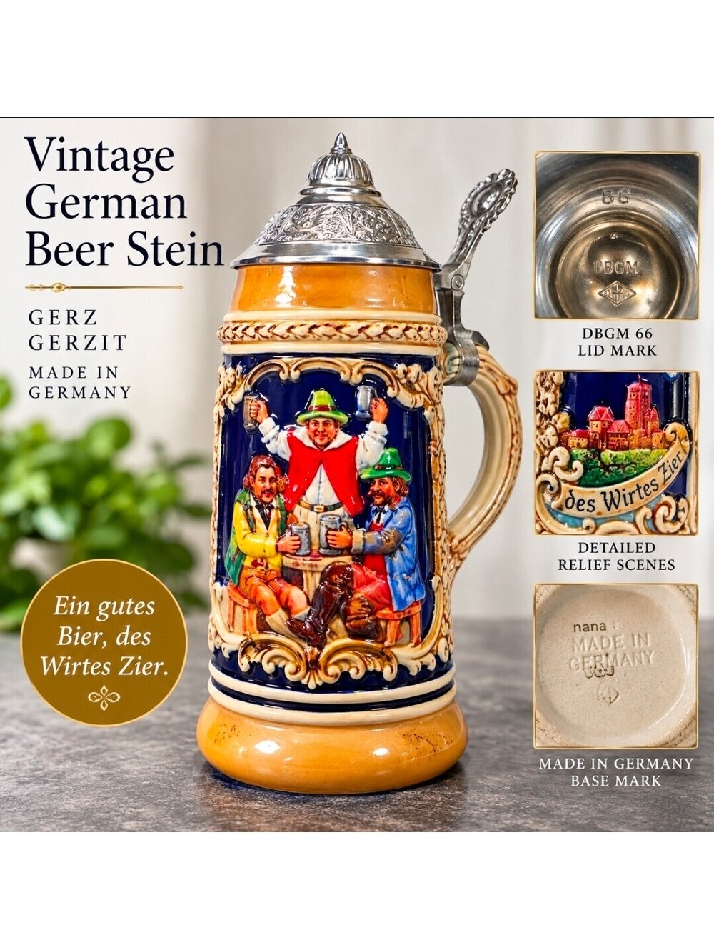 Vintage Gerz German Beer Stein DBGM 66 Pewter Lid Tavern Scene Made Germany